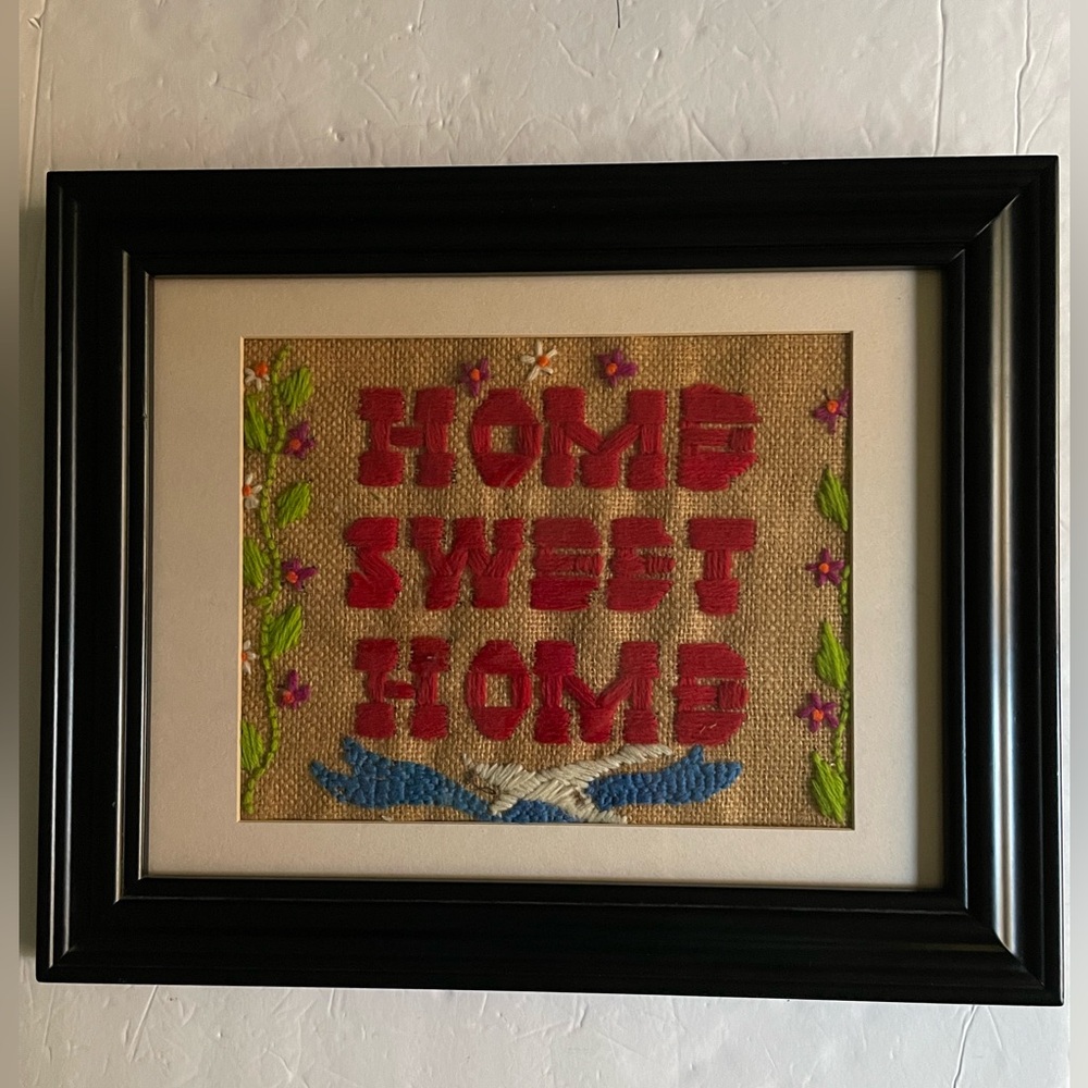 Vintage Home Sweet Home Needlework Crewel Framed Under Glass 15 x 12